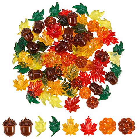 84 Pcs Acrylic Leaves Mini Pumpkin Maple Leaves Acorns Crystals, 5 Colors
