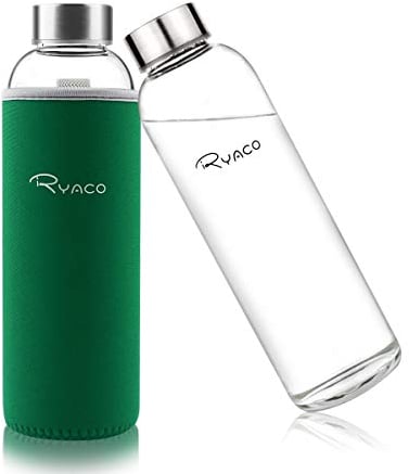 RYACO Glass Water Bottle 550ml/18oz,Borosilicate Glass Bottle with Neoprene Protective Case for Hot Cold Drinks,BPA-Free Leak Proof,Sport Water Bottles with Sponge Brush,Dishwasher Safe