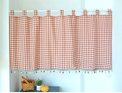 Yaland Elegant Schlaufenschal karo Gardine Karierte Küche Gardine Scheibengardine mit Kugeln-Kante Landhausstil Bistrogardine mit Raffhalter (HxB 50x100cm, orange) 1 Stück