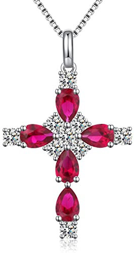 Kreuz Kette Damen Kette mit Kreuz Anhänger Kreuz Halskette Damen Silber 925 Rubin Halskette Kreuz Kette Silber Damen Silberkette mit kreuz Weißgold Kreuz Kette für Frauen Diamant Kreuz Kette 18”