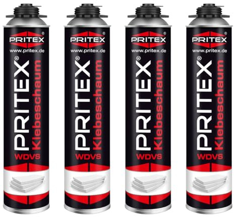 PRITEX – WDVS Klebeschaum 4 x 750 ml zum Isolieren, Fixieren & Befestigen – Dämmstoffkleber mit sehr guter Haftung, niedrigem Aushärtedruck & geringer Nachdehnung – Bauschaum für Montagepistole