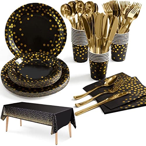 Nkaiso 141pcs Noir Or Party Vaisselle,Kit Vaisselles Anniversaire Assiette Dîner Papier Tasse Serviette Vaisselle réutilisable, Enfants Party Fête Mariages Baby Shower Noël, 20 invités