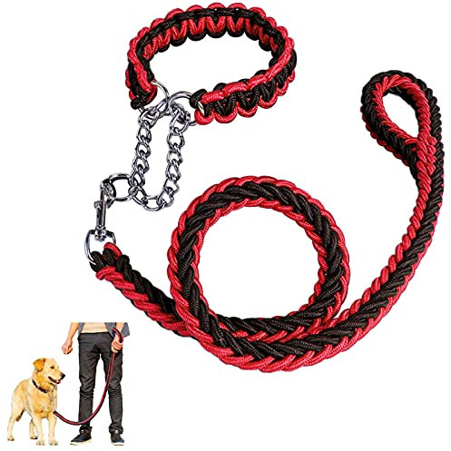 Dog Rope Heavy Duty Dog Woven Leash Collar Set Nylon Eight Strand Braided Lead Pet Walking Training Rope Non-slip Handle Collar for Small Medium Large Dogs (Black+Red, L)