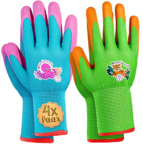 GRÜNTEK Kinder-Gartenhandschuhe mit Latex-Beschichtung – Schadstofffreie, Rutschfeste Arbeitshandschuhe für Kids, Atmungsaktiv und Bequem in Orange, Grün, Hellblau und Rosa, Gr. XS