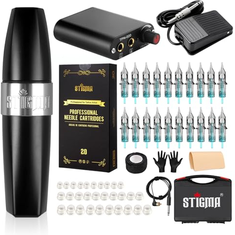Stigma Tattoo Pen Machine Kit Rotary Complete Tattoo Set mit 20Pcs Patronen Nadeln Netzteil Tattoo Kit mit Plastikbox für Anfänger und Tätowierer EM123KITP162-1-EU