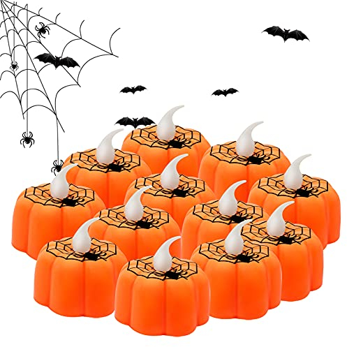 JYPS 12 Stück Halloween Kürbis Lampe, Halloween Kerzen Orange Flammenlose, Kürbis Deko, LED Teelichter Elektrisch,Kürbis Teelicht,Kürbis für Halloween Deko Outdoor/Party/Innen