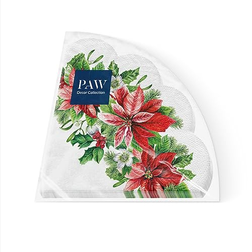 PAW - Servietten 3-lagig (32 cm Durchmesser) I 12 Stück I Perfekt für Weihnachten, Winter, Feiertage I Heiligabend Tischdekoration I Runde Seidenservietten - Ruhm Weihnachtsstern I Glory Poinsettia