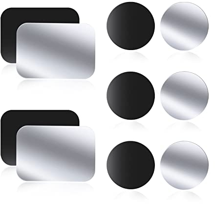 WONLIVE Metal Mount Plate for Magnetic Phone Car Holder 10 Pack Self Adhesive Metal Plate for Automobile Phone Magnet Sticker, 6 Round and 4 Rectangle, Black & Silver