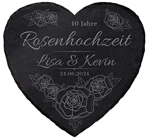 mtb more energy Personalisierbare Schiefertafel Herz ''10 Jahre Rosenhochzeit'' - individuell anpassbar - 25x25cm - Laser Gravur auf Schieferherz - Hochzeit Geschenk