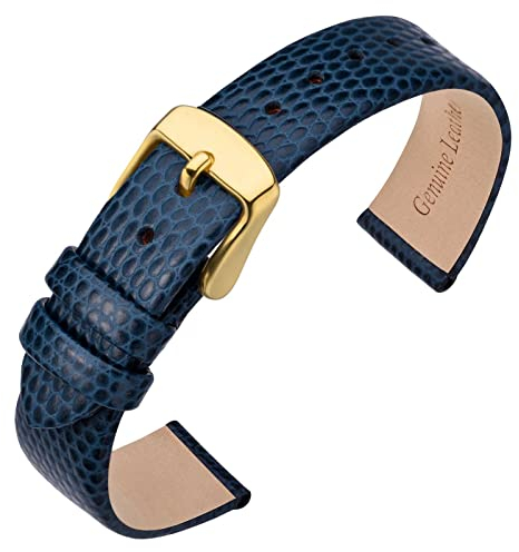 ANNEFIT Uhrenarmband 14mm Leder für Damen, Eidechsen-Prägung Ersatzarmband mit Edelstahl Gold Schnalle (Blau)