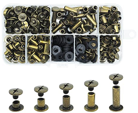 JINTANG 100 Juego de tornillos Chicago, remaches para cuero kit 4/6/8/10/15 mm, metal tornillo clavo remache botón Chicago, para DIY cinturón de cuero artesanía libro (Bronce)