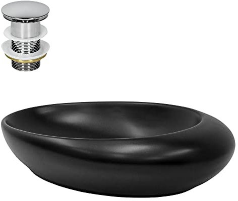 ML-Design Waschbecken Keramik Schwarz matt 58,5x37,5x14,5 cm mit Ablaufgarnitur, Kieselstein Form, Ovale Aufsatzwaschbecken, Moderne Waschtisch, Waschschale Waschplatz Handwaschbecken, für Badezimmer
