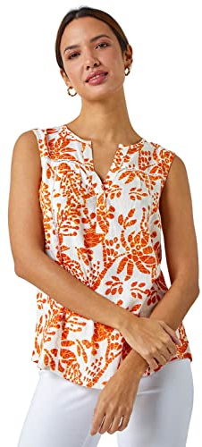 Roman Originals Sleeveless Shirt for Women UK Ladies Vest Tank Top Summer Smart Blouse Stretchy Jersey T-Shirt Casual Spring Holiday Party Beach Vacation Notch Neck - Orange White - Size 18