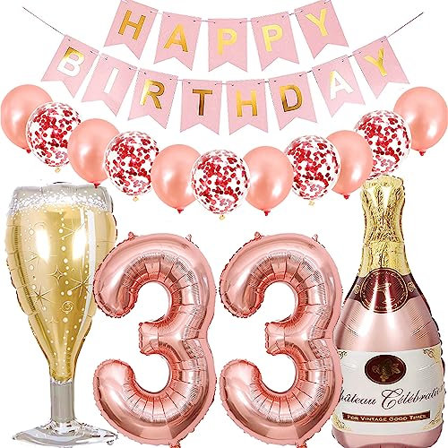 Dalettu Luftballon 33. Geburtstag Deko Frau, Folienballon Weinflasche Sektflasche Rose Gold Helium Ballon Deko, Geburtstagsdeko 33 Jahre Frauen, Happy Birthday Banner für 33 Jahr Geburtstag Party Deko