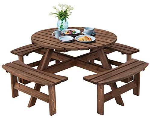 KOMFOTTEU Tavolo da Picnic, Set di Tavoli da Giardino in Legno di Abete, Mobili da Giardino per 8 Persone, Tavolo da Campeggio con 4 Panche e Foro per Ombrellone, 178 x 178 x 70 cm, Marrone Scuro
