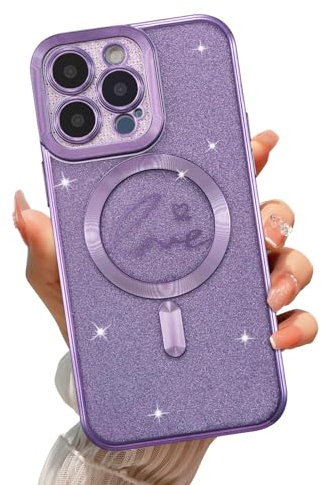EYZUTAK Magnetic Case for iPhone 12 Pro Max, Bling Glitter Luxury Love Cute Heart Pattern Plating Phone Case [Compatible with Magsafing] Built-in Camera Lens Protector Clear Back Bumper Cover - Purple
