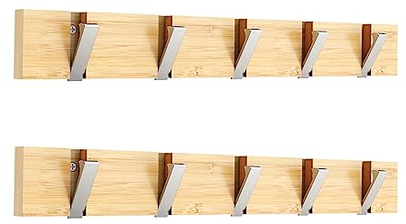 Anjuer Garderobenständer, Wandmontage, Kleiderständer, 5 Haken, robust, Huthalter, Bambus-Haken, silberfarben