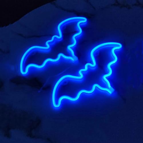 Bat Neonschilder für Halloween als Wanddekoration für Schlafzimmer, Nachttisch und Wohnheim, Neonleuchtende LED Neon Fledermaus Schild als Halloween Weihnachtsfeiern Tischdeko(2 Blau)