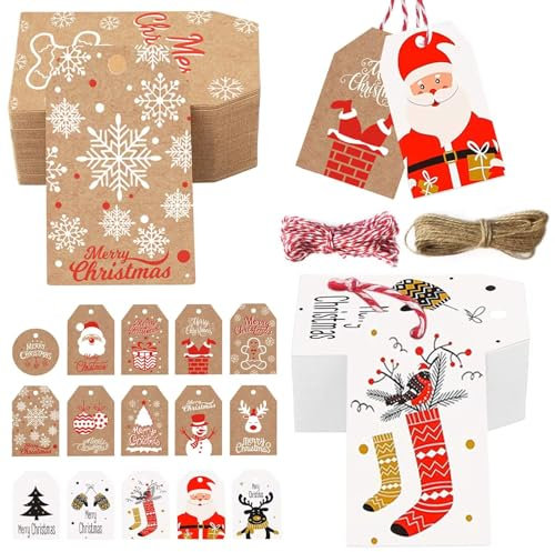 150 Stück 15 Verschiedene Designs Weihnachten Geschenkanhänger, Frohe Weihnachten Geschenk Anhänger Etiketten Kraftpapier, Geschenkanhänger mit Jute Schnur, für Weihnachtsbaum DIY Deko