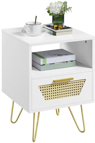 Yaheetech Table de Chevet en Bois Chambre, Table de Nuit Scandinave, 1 Tiroir en Rotin, 1 Compartiment Ouvert et Pieds Métalliques, Bout de Canapé Salon, 40 × 40 × 55 cm Blanc