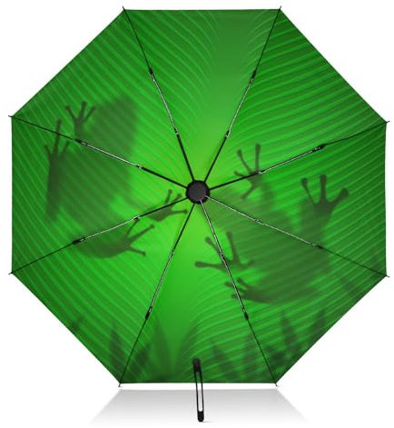ALAZA Faltbarer Regenschirm Frosch Schatten auf Bananenblatt Kompakter Reiseschirm Automatisches Öffnen Schließen für Regen Winddicht Sonnenschirme UV-Schutz Groß Tragbar