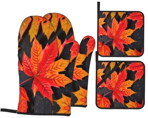 Set di guanti da forno e presine con foglie rosse autunnali, perfetti per cucina e San Valentino, set di guanti da cucina resistenti