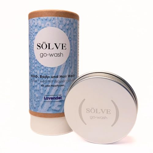 Sölve go-wash Hand-, Body- und Hair Wash, Shampoo und Duschgel Pulver, sofort zu Schaum, plastikfreie Verpackung, mit Anwendungsdose, direkt anwenden, Duft Lavendel