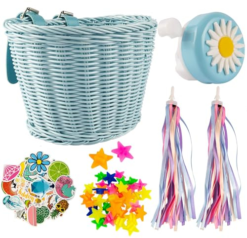 Fahrradkorb Kinder, Fahrradkorb Geflochten für Kinder mit Lederriemen, Fahrradklingel, Fahrrad Lenker Korb für Vorne und Lenkeradapter Set,Abnehmbar Fahrrad Korb Geschenk für Mädchen Kinder Geburtstag