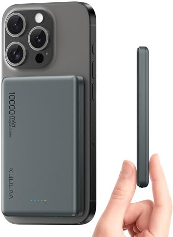 Kuulaa 10000mAh Magsafe Power Bank Slim Magnetic Battery Pack 0.47inch PD 20W USB C Portable Charger External Battery for iPhone 16/15/14/13/12 Series, Grey