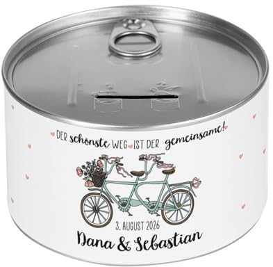 Herz & Heim® Spardose zum Aufreißen, Konservenform, zur Hochzeit mit Ihren Wunschangaben (Der gemeinsame Weg)
