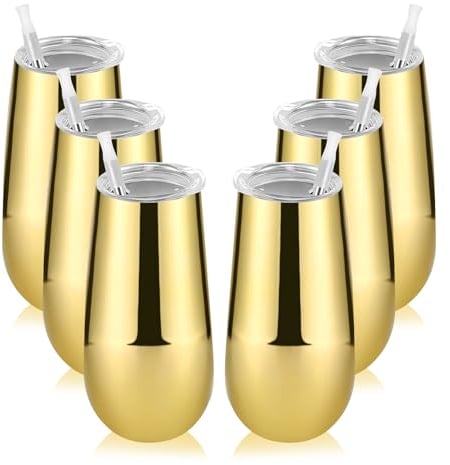 Lifecapido 6 Pack Stemless Champagne Tumblers, 6oz Insulated Stainless Steel Flute Glass for Wedding, Christmas Party, Bride Shower - Gold