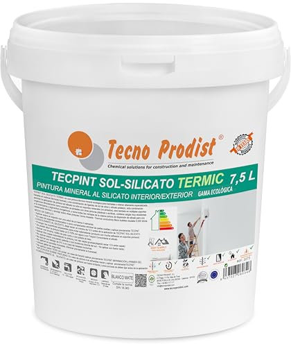 Tecno Prodist TECPINT SOL-SILICATO TERMIC (7,5 Litros) Pintura al silicato ecológica, mineral, interior - exterior al agua, 100% Natural, Paredes y Techos, Transpirable - térmica (BLANCO)