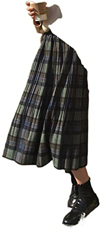 HJBFVXV Damenröcke Vintage Wool Pleated Plaid Skirt Women High Waist Plus Size Long Skirt Autumn Winter Harajuku Female Party Skirt Streetwear (Color : Green, Size : S)