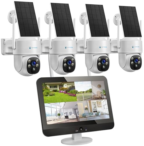 【4MP+PTZ+Solar+PC Software】 Dual WLAN Funk Überwachungssystem 12,5 Monitor, 10 Kanal NVR WiFi, Akku Überwachungskamera Set, Mikrofon, Sirene, Nachtsicht in Farbe, App, KI Bewegungserkennung, Aussen