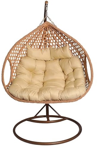 2mGoods Hängesessel mit Gestell für 2 Personen, Korbhängesessel Outdoor & Indoor, Hängekorb Sessel Outdoor Garten, mit Gestell und XXL Rückenkissen, Polyrattan Hängestuhl 2 Personen (Hellbraun)