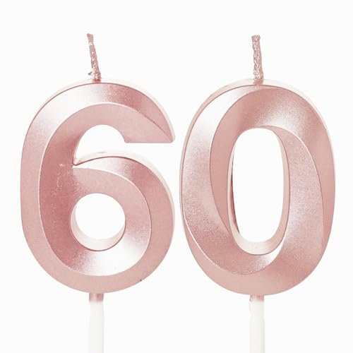 Rose Gold 60th Birthday Candles Number 60 Candles for Birthday Cake, 60th Candles Rose Gold 60 Birthday Candles for Cake, 60th Birthday Cake Candles Cake Toppers for 60 Year Old Women