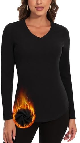 Soneven V Neck Thermal Tops Womens Long Sleeve T Shirts Warm Ladies Vests Base Layers Underwear Gym Tops in Winter/Autumn V-Black M