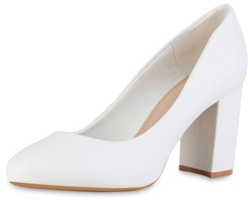 VAN HILL Damen Klassische Pumps Blockabsatz Basic Klassisch Schuhe 216210 Weiss 41
