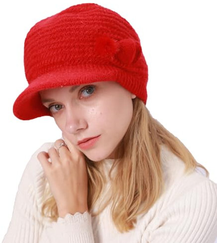 Huakunda Damen Strickmütze Barette Winter Weichem Innenfutter Wollmütze Frauen Beaniemütze Warme Schirmmütze Mama Grobstrick Baskenmütze (DE/NL/SE/PL, Alphanumerisch, Einheitsgröße, Rot)