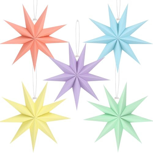 BestoFun 5 PCS Paper Star Lanterns Green Hanging Light Purple Stars Christmas Party Decorations Light Yellow Hanging Light Blue Peach Pink Lampshade Christmas Home Party Decorations(12 Inch)