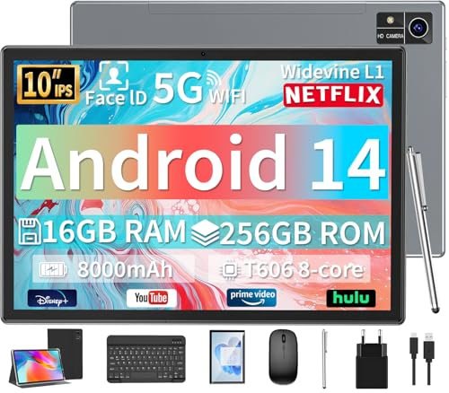 YLEEBG 10 Zoll Android 14 Tablet mit Tastatur, 16 GB RAM, 256 GB (1TB erweiterbar), Octa-Core, 8000 mAh, Dual-Kamera, Dual-Band-WLAN, 2-in-1 inkl. Tastatur, Hülle, Maus & Stift (Schwarz)