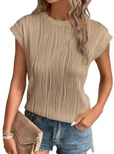 Gemulate Womens Summer Tunic Tshirts Trendy Tops Dressy Short Sleeve Blouses Casual Crewneck tees for Women Khaki M