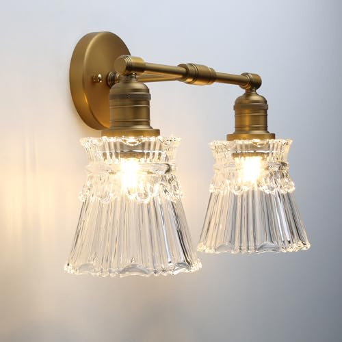 Pathson 2-lumières Vintage Industriel Applique Murale E27 Luminaires Intérieur Abat-jour en Verre à Rayures Pétales Lampe Murale pour Salon,Chambre, Salle à Manger, Miroir