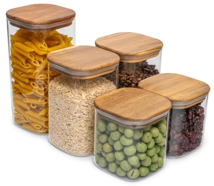 Navora® Vorratsgläser mit Deckel Akazienholz Set – luftdichte Vorratsdosen Glas Set – Aufbewahrungsgläser Küche – Borosilikat Glas – BPA frei & stapelbar (5er Set verschiedene Größen)