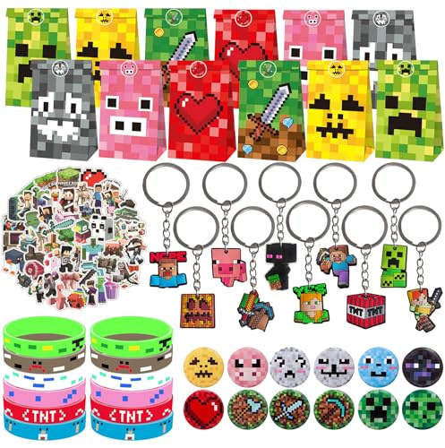 Miner Lot de 96 pochettes de fête avec porte-clés, autocollants, sacs cadeaux, bracelets et épingles à boutons, fournitures d'anniversaire de jeu ultime pour enfants, décorations sur le thème des