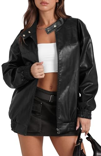 Sampeel Leather Jacket Women Faux Oversized Motorcycle Bomber Coats 2025 Fall Fashion Outfits Winter Clothes Trendy Cute Black M
