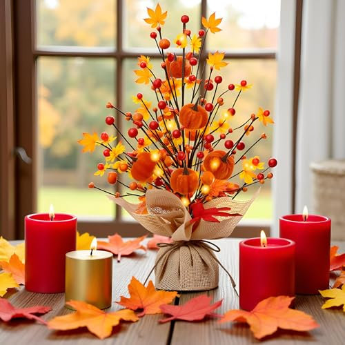 Herbstdeko Baum Lichter, Herbst Dekoration LED Künstlicher Kürbis Lichterbaum mit roten Beeren Ahornblatt für Herbsternte, Heimdeko, Tischdeko, Feiertagsparty, Innendeko und Geschenke (Rote Beere)
