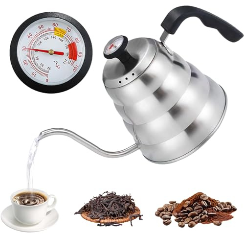 Bouilloire Col de Cygne, 1000ml Bouilloire Inox avec Thermomètre, Pour Over pour Induction, Gaz et Électriques Plaques