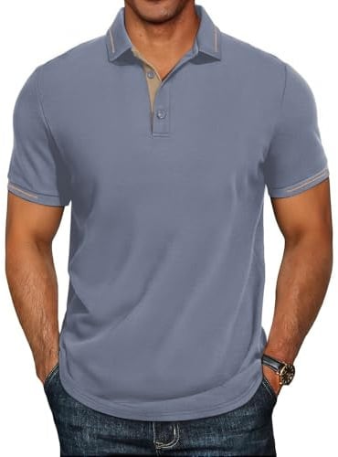 HMIYA Herren Poloshirt-Kontrast Sommer Kurzarm Polohemd Regular Fit Casual Golf Shirts,Graublau,XL