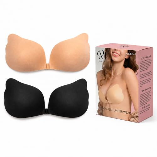 QM Reggiseno Adesivo Push Up, Reggiseno Invisibile Senza Spalline, con Chiusura Frontale, Effetto Push Up Naturale 2Paia Coppa D